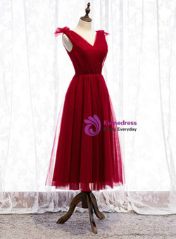 Fashion Burgundy Tulle V-neck Tea Length Prom Dress With Pleats Beading 2020