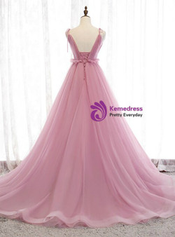 Graceful Pink Tulle Deep V-neck Backless Pleats Prom Dress 2020 Graceful Pink Tulle Deep V-neck Backless Pleats Prom Dress 2020