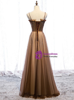 Unique Brown Tulle Spagehtti Straps Beading Sequins Prom Dress 2020