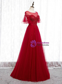 Elegant Burgundy Tulle Bateau Beading Sequins Short Sleeve Prom Dress 2020