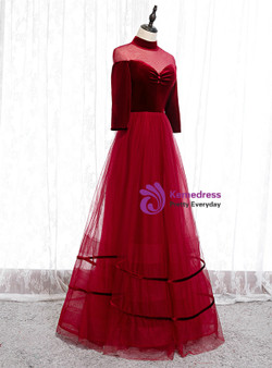 Stylish Burgundy Tulle Velvet High Neck Long Sleeve Prom Dress With Button 2020