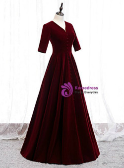 Brilliant Dark Burgundy Velvet V-neck Short Sleeve Floor Length Prom Dress 2020