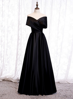 Looking For Cute And Stylish Black Satin Off the Shoulder Pleats Floor Length Prom Dress 2020