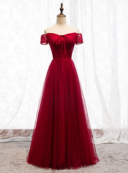 Find Plenty Of A-Line Burgundy Tulle Lace Off the Shoulder Short Sleeve Prom Dress With Button 