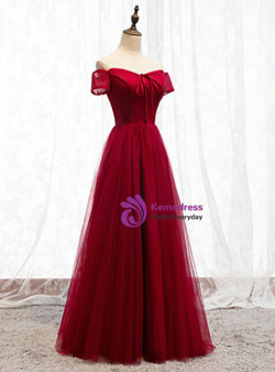 Find Plenty Of A-Line Burgundy Tulle Lace Off the Shoulder Short Sleeve Prom Dress With Button 
