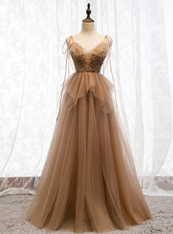 Charming Dark Champagne Tulle Spagehtti Straps Beading Long Prom Dress 2020