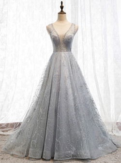 Adorable Silver Gray Tulle Sequins See Through V-neck Backless Long Prom Dress 2020