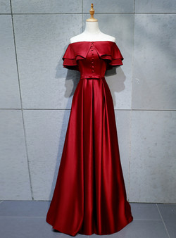 Unique Burgundy Satin Off the Shoulder Long Prom Dress With Button 2020