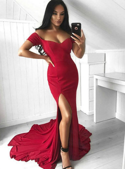 Red Mermaid Satin Off The Shoulder Floor Length Prom Dress 2020