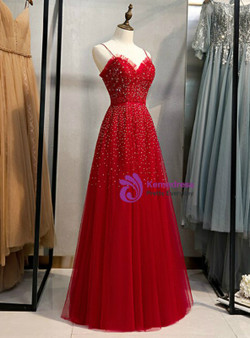 Burgundy Tulle Spaghetti Straps Sleeveless Beading Prom Dress 2020 Burgundy Tulle Spaghetti Straps Sleeveless Beading Prom Dress 2020