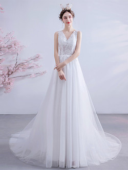 Last Minute:Ship in 48 hours Cutout Back Tulle Appliques V Neck Wedding Dress