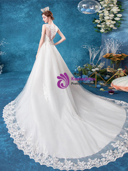 In Stock:Last Minute Sheer Back Appliques Sweep Train Scoop Tulle Wedding Dress