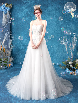 Quick Deilvery:Ship in 48 hours Sweetheart See Through Appliques Tulle Long Wedding Dress