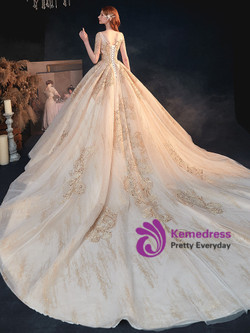 Shop Beautiful Short Sleeve Champagne Appliques Beading A Line Wedding Dress From Kemedress