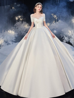 Buy 2020 Scoop Satin Short Sleeves Sweep Train Wedding Dress With Pockets Under 400
