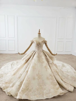 Shop Kemedress Champagne Ball Gown Tulle Appiques Long Train Huate Couture Wedding Dress