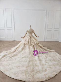 Shop Kemedress Champagne Ball Gown Tulle Appiques Long Train Huate Couture Wedding Dress