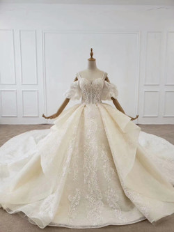 Sparkle Appliques Huate Couture Puffy Sleeves Off The Shoulder Ball Gown Wedding Dress