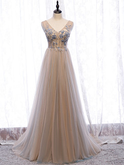 Buy Cheap 2020 Champagne V Neck Tulle Beading Floor Length Backless Prom Dress From Kemedress