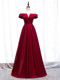 Off The Shoulder Burgundy Satin Cut Out Prom Dress