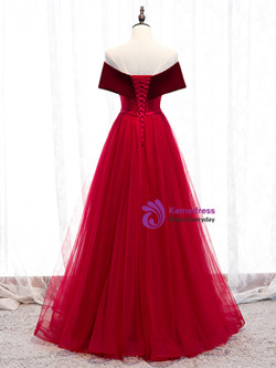 Shop Kemedress 2020 Off The Shoulder Burgundy Tulle Velvet Appliques Long Prom Dress For Sale