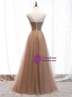 Wear a Classic Champagne Tulle Beading Spaghetti Straps Floor Length Prom Dress Under 130