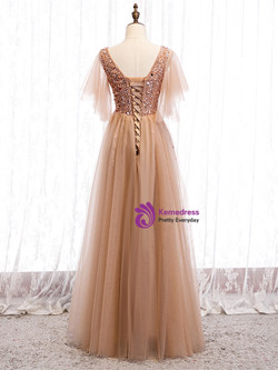 Shop For The Perfect Short Sleeves Beading V Neck Champagne Floor Length Prom Dress For 2020