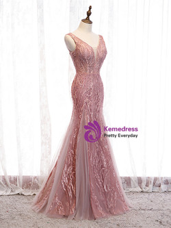 Free Shipping Mermaid V Neck Tulle Appliques Beading Pink Prom Dress under 150 Free Shipping Mermaid V Neck Tulle Appliques Beading Pink Prom Dress under 150