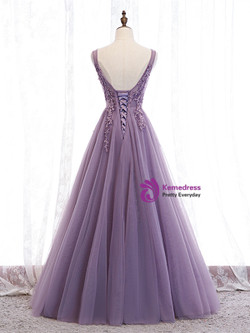 Custom Tailored 2020 V Neck Purple Beading Appliques Tulle A Line Prom Dress Under 129