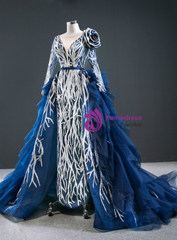 Unique Blue Tulle Sequins Long Sleeve Rose Flower Long Prom Dress 2020