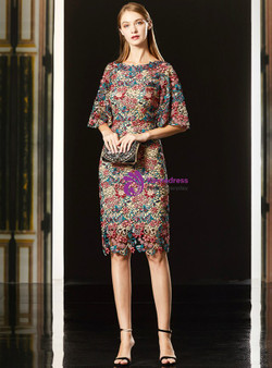 Buy The Newest Sheath Lace Mermaid Puff Sleeve Knee Length Short Mother Of The Bride Dress