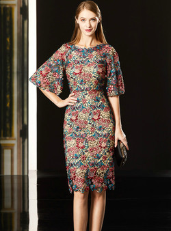 Buy The Newest Sheath Lace Mermaid Puff Sleeve Knee Length Short Mother Of The Bride Dress