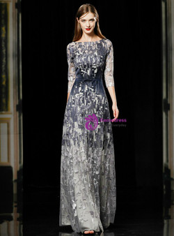 Gray Lace 3/4 Sleeve Bateau Floor Length Mother Of The Bride Dress 2020