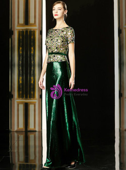 Stunning Green Sequins Bateau Short Sleeve Long Mother Of The Bride Dress 2020