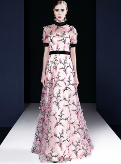 Romance Pink Short Sleeve High Neck Embroidery Long Mother Dress 2020