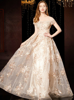 Champagne Tulle Embroidery Appliques Cap Sleeve Long Mother Of The Bride Dress 2020