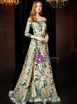 Elegance Champagne Tulle Green Sequins Long Sleeve Mother Of The Bride Dress 2020