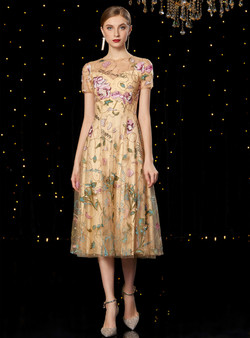 Champagne Tulle Embroidery Cap Sleeve Tea Length Mother Of The Bride Dress 2020