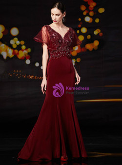 Noble Burgundy Mermaid Satin V-neck Beading Mother Of The Bride Dress 2020
