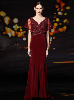 Noble Burgundy Mermaid Satin V-neck Beading Mother Of The Bride Dress 2020