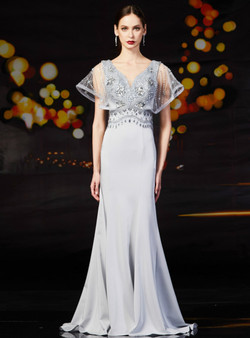 Hot Sale Gray Mermaid Satin V-neck Beading Mother Of The Bride Dress 2020