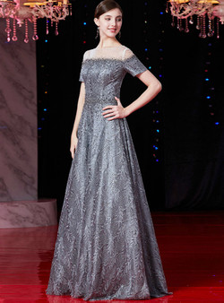 Attractive Gray Embroidery Lace Appliques Beading Short Sleeve Mother Of The Bride Dress