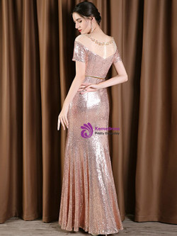 Modern Pink Mermaid Sequins Short Sleeve Beading Mother Of the Bride Dress 2020