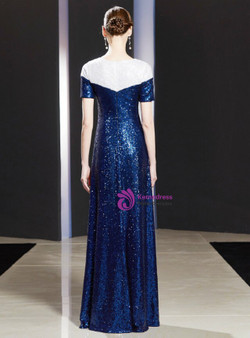 Advanced Blue Scoop Neck Sequins Short Sleeve Mother of the Bride Dress 2020