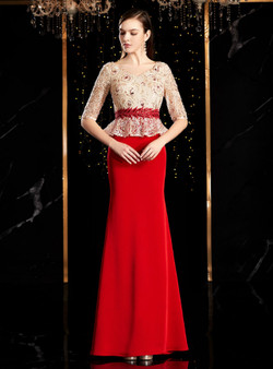 Advanced Red Mermaid Satin Lace Sequins Short Sleeve Mother Of The Bride Dress 2020