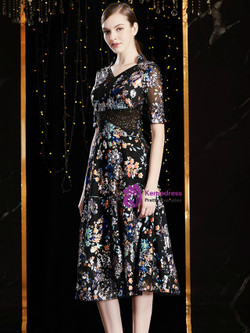 Amazing Black Print Sequins V-neck Short Sleeve Mother Of The Bride Dress 2020