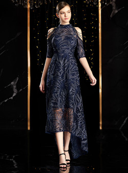 Distinctive Navy Blue Sequins Hi Lo Short Sleeve Cold Shoulder Mother Of The Bride Dress 2020