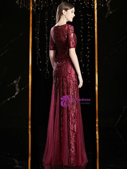 Exciting  Burgundy Mermaid Sequins Tulle Short Sleeve Mother Of The Bride Dress 2020