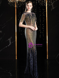 Dazzling Blue And Gold Mermaid Sequins Short Sleeve Long Mother Of The Bride Dress 2020