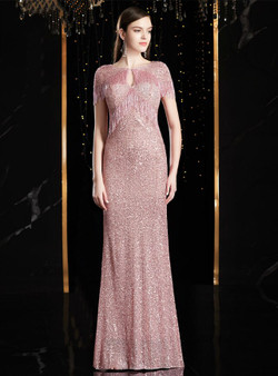 Fairy Tale Pink Mermaid Sequins Keyhole Cap Sleeve Tassels Of The Bride Dress 20200